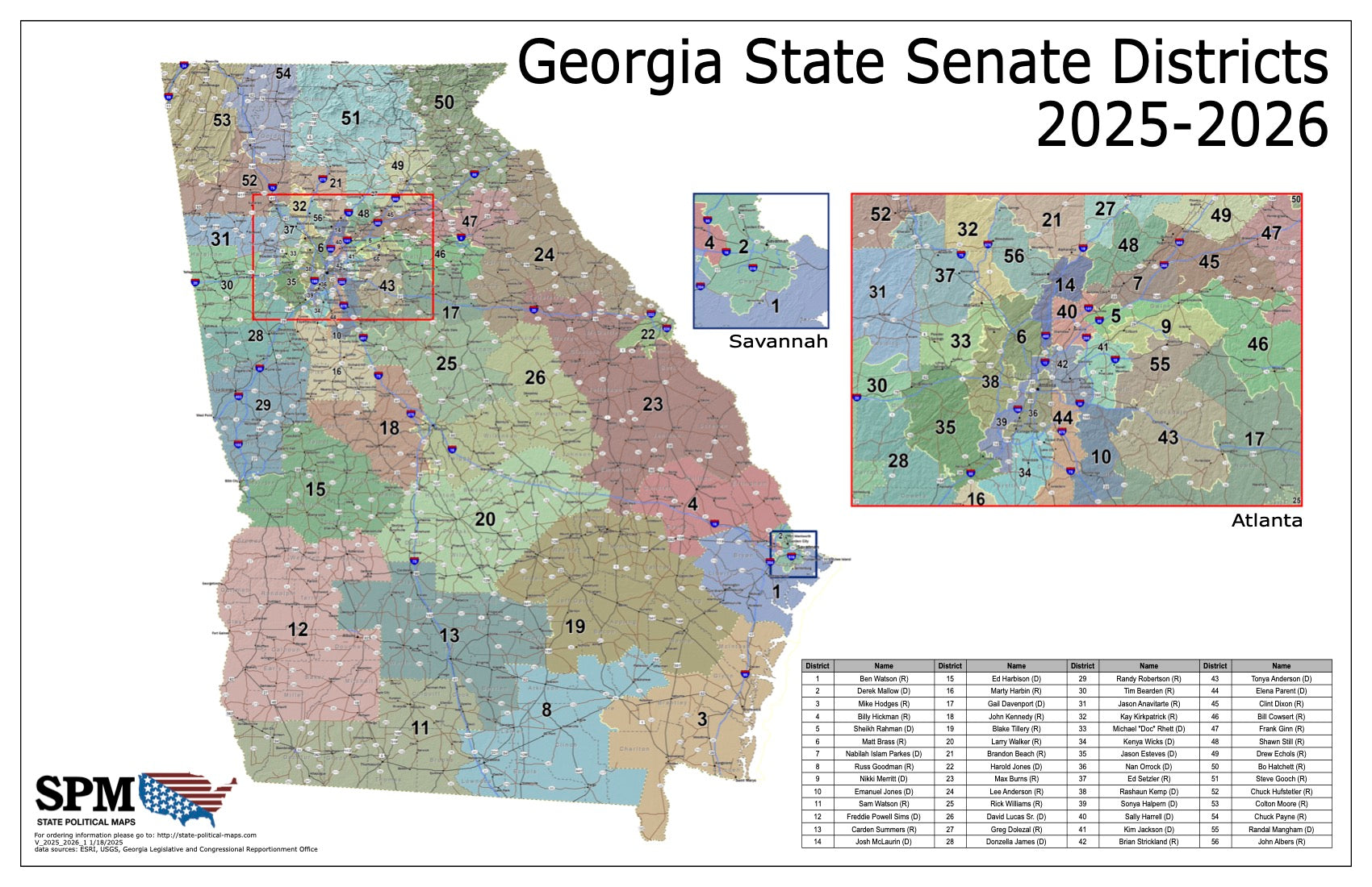 State Senator Map Georgia Political and State Legislative Wall Maps – State Political Maps