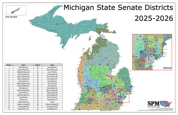 2025-2026 Michigan State Senate Wall Map